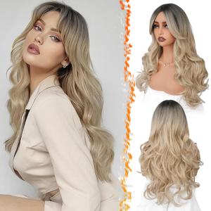 BARSDAR Long Wavy Curtain Bangs Wig - 26 Inch Long Layered Blonde Wig with Dark Roots for Women - Synthetic Sabrina Wigs Butterfly Haircut Curtain Bangs Soft Natural Looking - Ombre Blonde