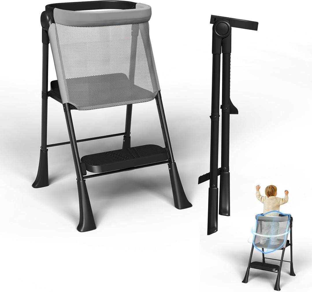Toddler Tower Foldable, Foldable Toddler Standing Tower for Bathroom Sink or Kitchen Counter with Safety Net, Suitable for 1-6 Years,Black