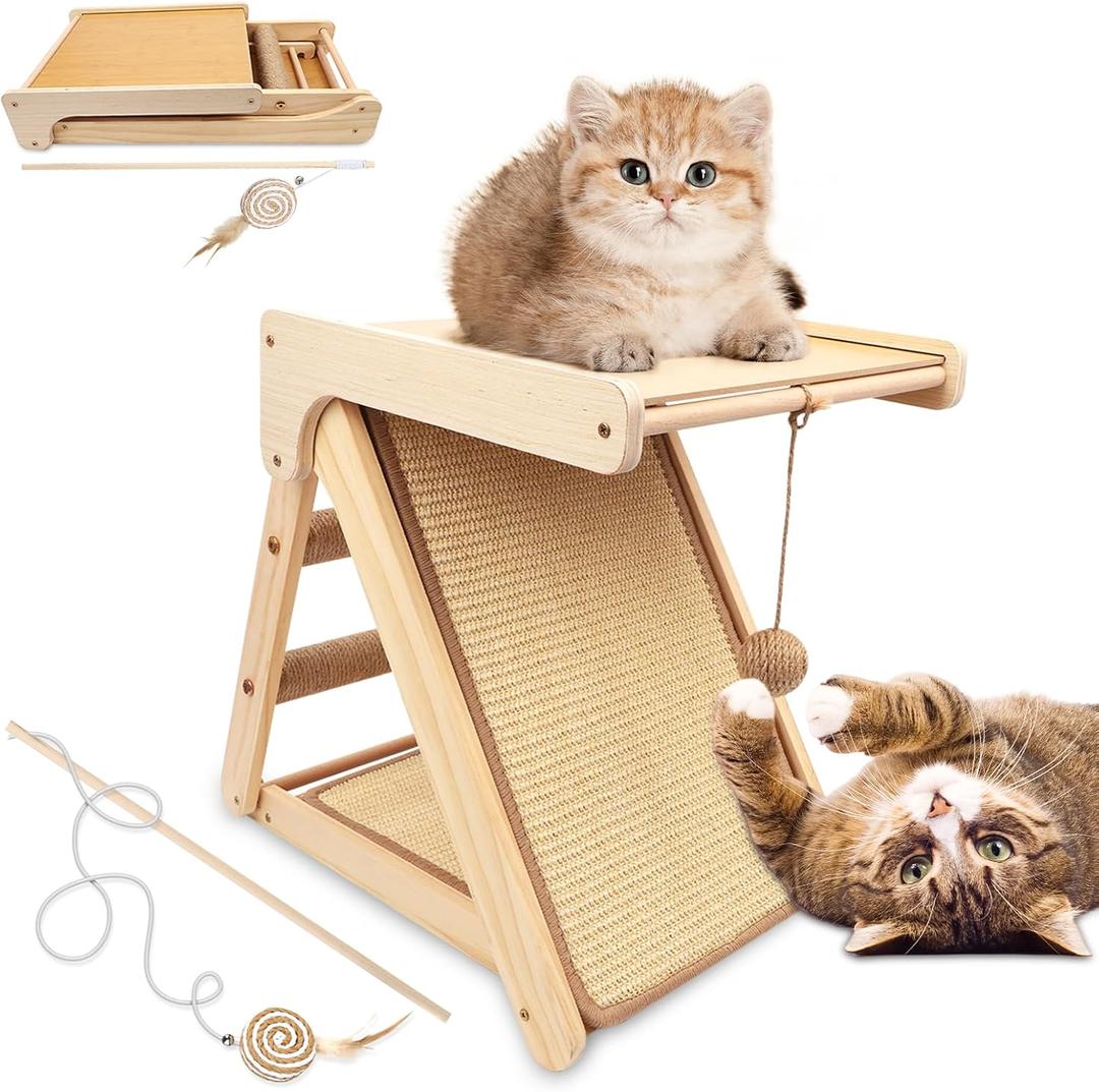 Cat Scratching Pads Sisal Pad Kitten Scratchers Ramp Kitty Scratcher Sisal Cat Scratcher Solid Wood Cats Scratching Board Platform Style (with Wooden Cat Teaser)