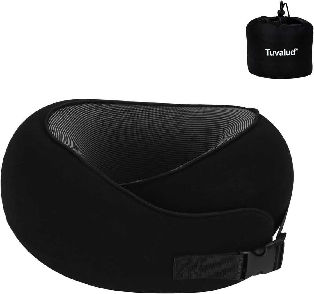 Tuvalud Travel Neck Pillow,360 Surround Support, Memory Foam Travel Pillow with Adjustable Buckle for Airplanes, Cars & Office Naps (Black)