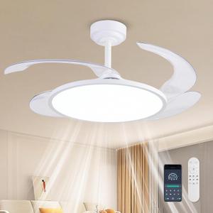 AHAWILL 48'' Retractable Ceiling Fan with Remote/APP Control,Bladeless Ceiling Fan with LED Lights,Stepless Full Spectrum,Memory,Modern Silent Fandelier for Bedroom Dining Room Living Room,White