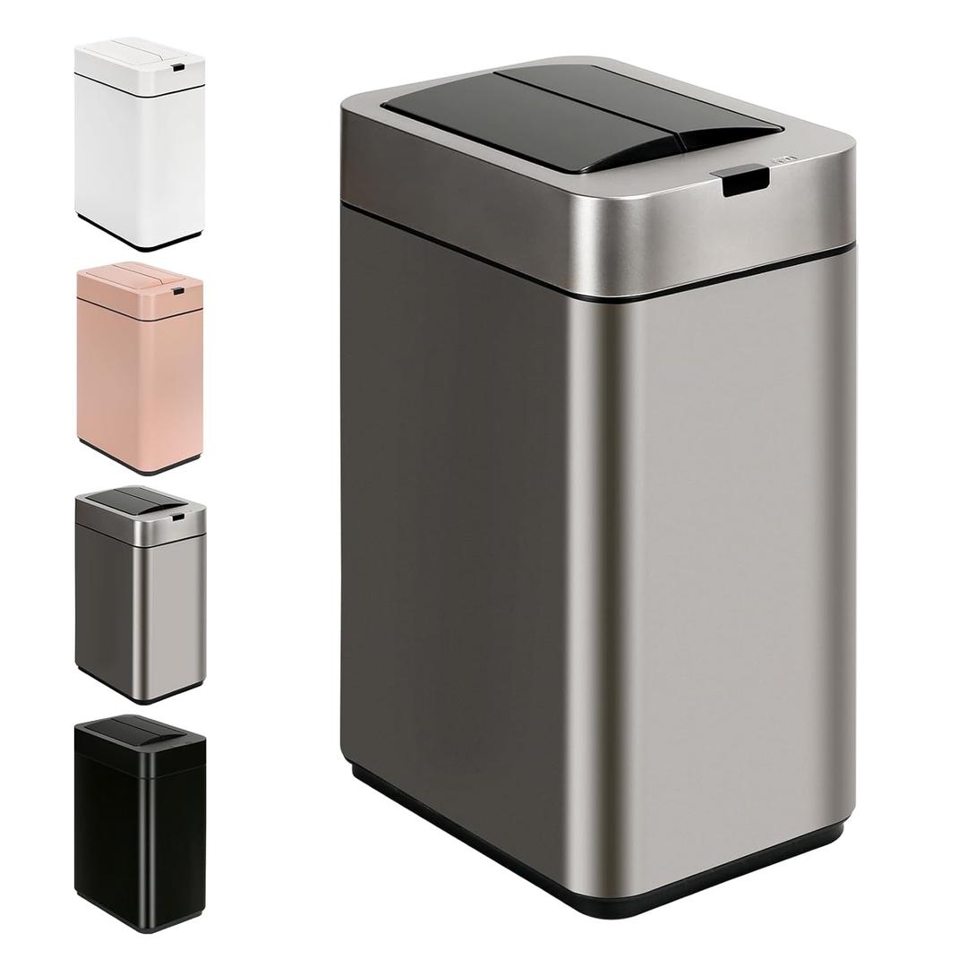Sensor Trash Can with Butterfly Lid 2.6 Gallon Rectangular Automatic Garbage Can, Stainless Steel Trash Bin, Slim Waterproof Wastebaskets with Lid Soft Close for Under Counter, Silver