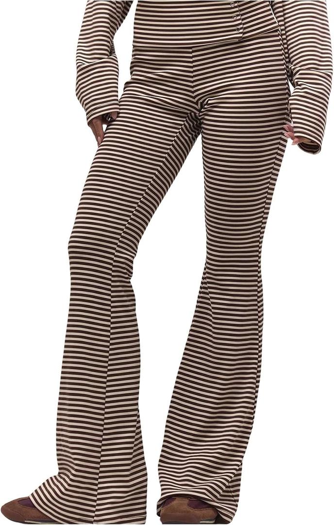 Verdusa Women's Fold Over Pants Leggings Striped Flare Pants Bell Bottoms Casual (M)