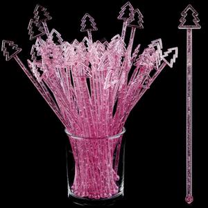 Tioncy 60 Christmas Drink Stirrers Christmas Coffee Stirrers Bulk Christmas Tree Top Swizzle Sticks Plastic Drink Stirrers Glitter Swizzle Sticks for Drinks Bar Christmas Party (Pink)