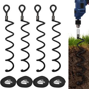 16.3 Inch Spiral Ground Anchor Stake High Durable Earth Anchor Kit for Tents, Trampolines, Garden Fencing, Sheds, Swings, and Dog Tie Out Stake (Black 4 Pack)