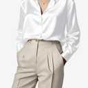 Button Down Shirts for Womn Satin Blouse Silk Long Sleeve Dress Shirt | Fashion Collared Top, Wrinkle Free, Work Business Casual Festival Evening Party Date Elegant Fall (White, M)