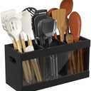 Yofidra Bamboo Utensil Holder & Silverware Organizer: Extra Large Cooking Spoon Holder with Absorbing Drying Stone and 6 Compartments Kitchen Countertop Farmhouse Decor 11.8"X4.7"X5.9" Black