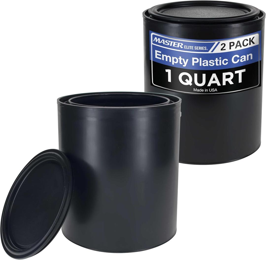 Master Elite 1 Quart Empty Plastic Paint Can Bucket, Pack of 2 - Triple Lock Airtight Lid Seal, 32 fl. oz. All-Plastic Coating Storage Container Can - Pail Handle, Dent & Rust Proof, Odor Resistant