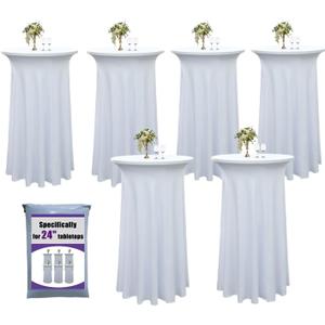 6-Pack 24"x43" White Round Cocktail Table Skirts | Stretch Spandex Fitted Tablecloths | Wrinkle-Resistant, Stain-Resistant, and Machine Washable for Bars, Weddings, Parties, and Banquets