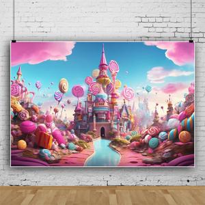 Generic Lollipop Candyland Backdrop Sweet Cartoon Castle Party Supplies for Girl Princess 1st First Birthday Decoration Ice Cream Cloud Photography Background Photo Studio Backdrop Vinyl 5x7ft (Pink-05)