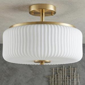 3-Light Gold Semi Flush Mount Ceiling Light, 11.8" Modern Schoolhouse Light Fixtures Ceiling Mount with Ribbed Opal Glass Shade, Anti-Glare Close to Ceiling Lamp for Bedroom Kitchen Hallway Entryway, 11.81 inches diameter, 10.24 inches height