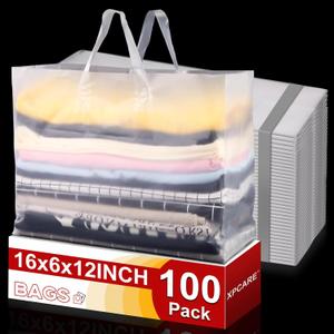 XPCARE 100Pack Frosted Plastic Gift Bags, 16x6x12 Clear Plastic Bags with Handles for Small Business, Boutiques, Retail Stores, Gifts & Merchandise(White)