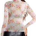Floral Lace Mesh Top Women Long Sleeve Sheer Tops Mock Neck See Through Tee Shirts Fitted Sexy Going Out Outfits (L)