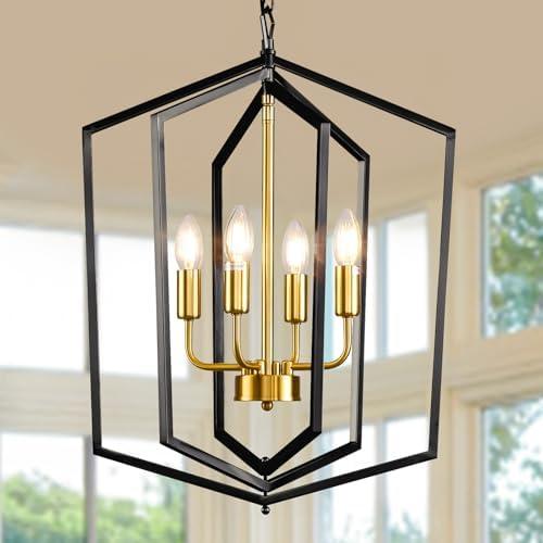 18.1" Black and Gold Chandelier, 4-Light Industrial Ceiling Pendant Light Fixtures, Modern Dining Room Chandelier, Farmhouse Pendant Lights Kitchen Island, for Living Room, Bedroom, Foyer, Entryway