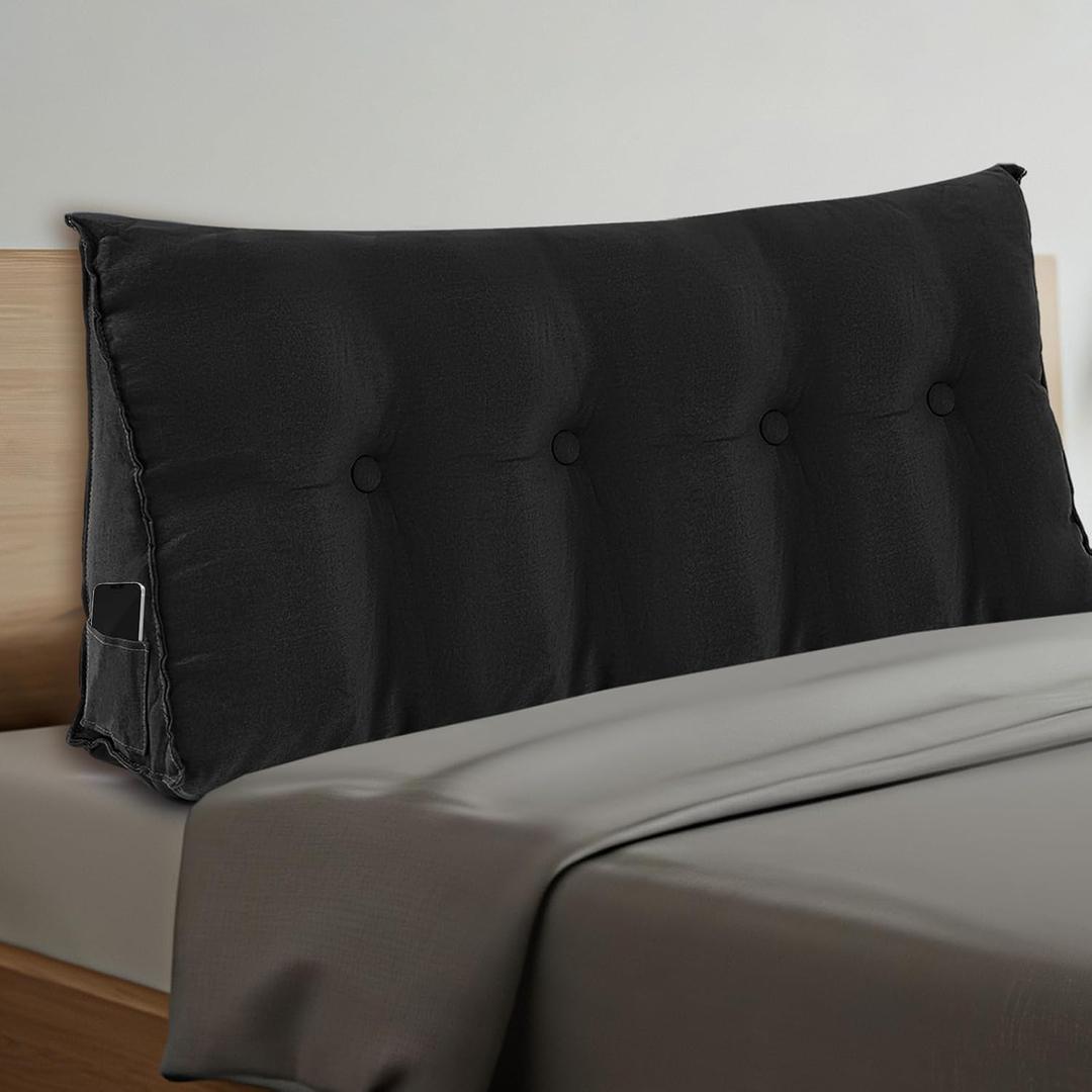 Wenqik Wedge Pillow Full Triangular Headboard Bed Reading Backrest Back Support Long Pillow with Removable Cover for Dorm Room Supplies Housewarming Gift(Black) (Full (54 x 20 x 8 Inch))