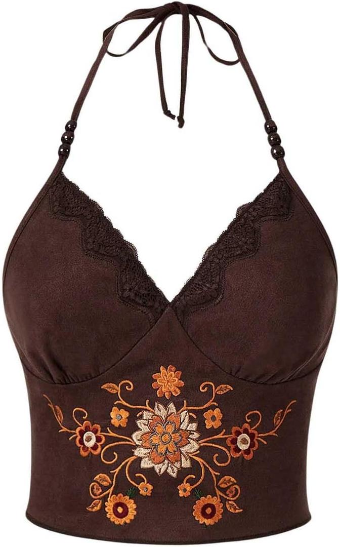 SOLY HUX Women's Lace Trim Floral Embroidery Cami Crop Tops Tie Backless Halter Top (Brown, XS)