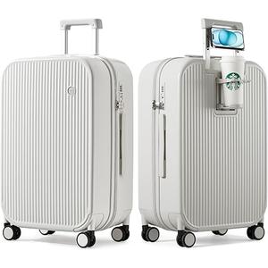 mixi Checked Luggage with Cup Phone Holder Hard Shell Rolling Travel Suitcase with Spinner Wheels,26 Inch Smoke White