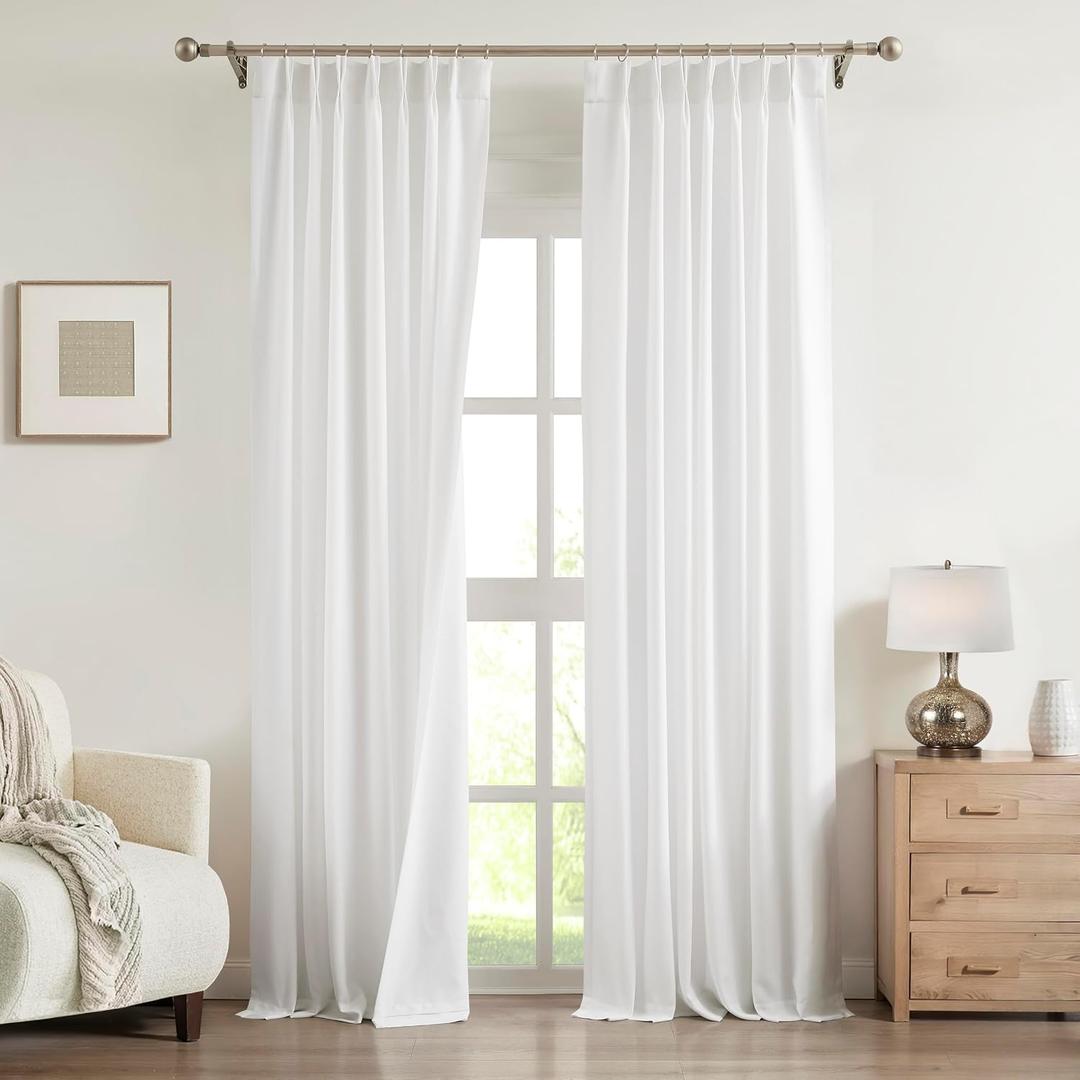 Central Park White Pinch Pleat Light Filtering Curtain 95 Inches Long Linen Blended Window Treatment Privacy Drape with Microfiber Liner for Living Room Bedroom with Back Tabs Hooks, 40" Wx95 Lx2
