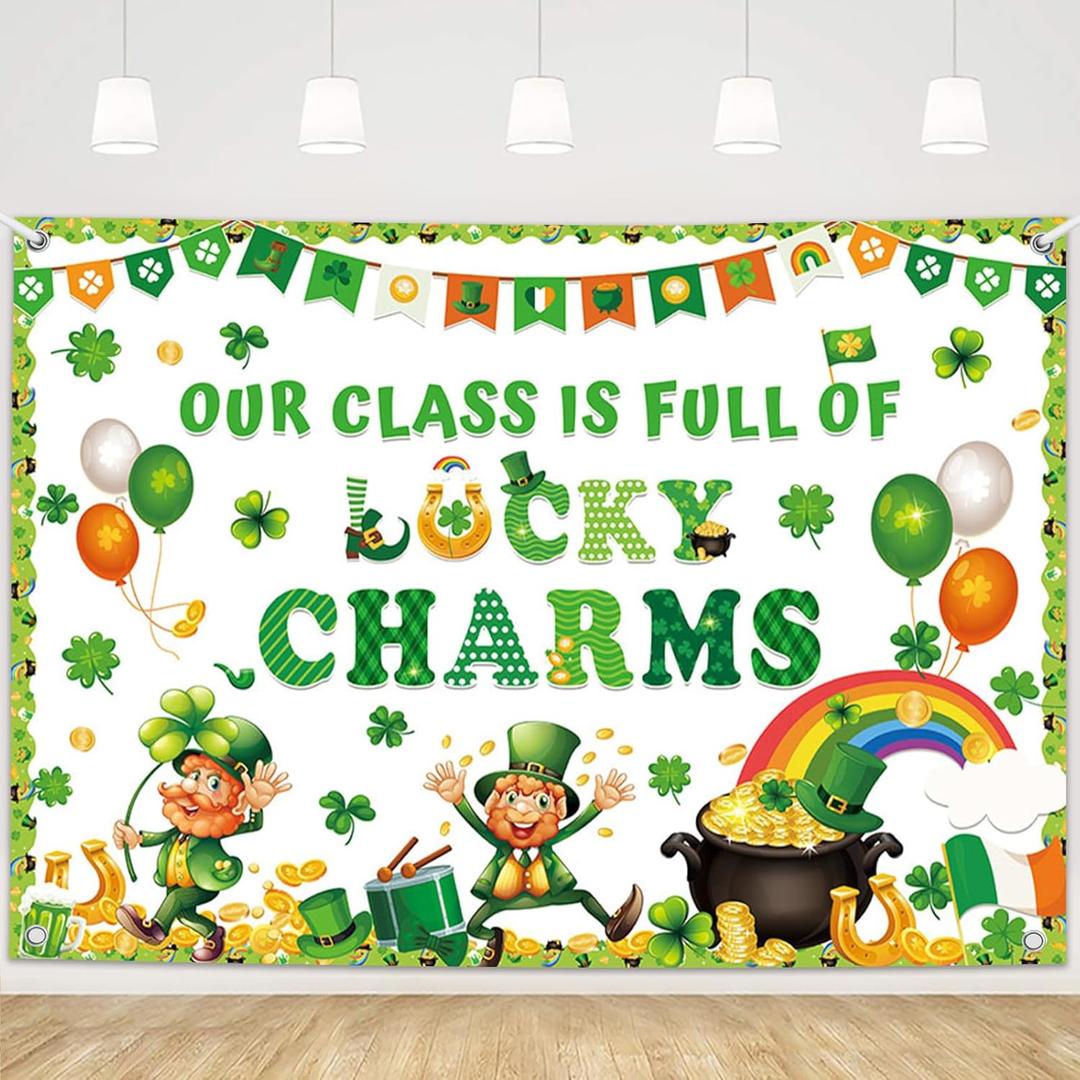 MEHOFOND 7x5ft St. Patrick's Day Backdrop Our Class is Full of Lucky Charms Background Rainbow Gold Shamrock Lucky Clover Happy St Patricks Day Party Decorations Banner Photo Props