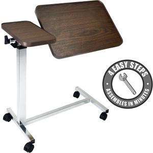 Vaunn Medical Pneumatic Adjustable Tilt Overbed Bedside Table with Wheels for Hospital and Home Use