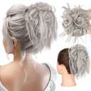 HMD Tousled Updo Messy Bun Hairpiece Hair Extension Ponytail with Elastic Rubber Band Updo Ponytail Hairpiece Synthetic Hair Extensions Scrunchies Ponytail Hairpieces for Women (Silver Gray4503)