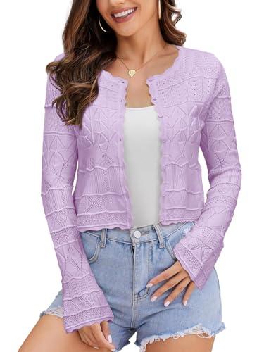 FAIRY SEASON Women's Cropped Cardigan Sweater Bell Long Sleeve 2026 Fall Lightweight Crochet Button Down Casual Elegant Knit Bolero Shrugs for Dresses, Small
