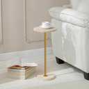 9.8-inch Marble Round Drink Table, Stone Finish Pedestal End Table for Living Room, Weighted Base Small Accent Side Table for Small Space Office - Beige
