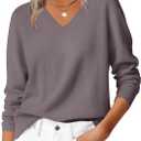 ANRABESS Womens Long Sleeve V Neck Sweaters 2025 Fall Casual Classic Soft Loose Fit Basic Pullover Jumper Top (Pink, L)