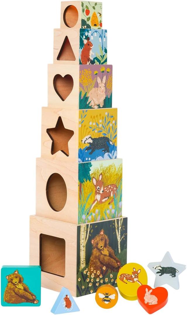 Manhattan Toy Enchanted Forest 12-Piece Wooden Stacking Counting Sorting Toy Blocks with Solid Wood Cutout Shapes