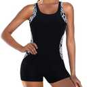 Zando One Piece Swimsuit Women Boyleg Swimsuits for Women One Piece Tummy Control Bathing Suit Sporty Boyshorts Swimwear, Extra Large, Black Paisley Pattern