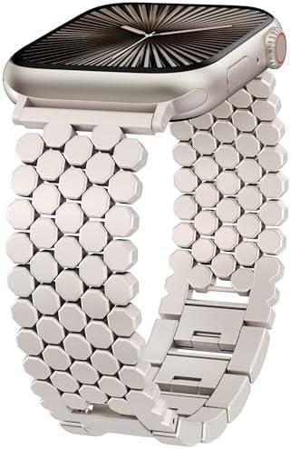 Minyee Compatible with Apple Watch Band  Women, Dressy Honeycomb Metal Strap Designer Gold Silver Link Bracelet Wristband for iWatch Series 10 9 8 7 6 5 4 3 Ultra SE, Size: 38/40/41/42mm(Serise 10)