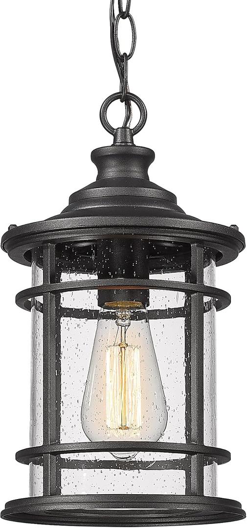 Emliviar Outdoor Hanging Pendant Light - 12 Inch Hanging Lantern for Front Porch, Seeded Glass Shade in Black Finish, XE229H BK (Large)