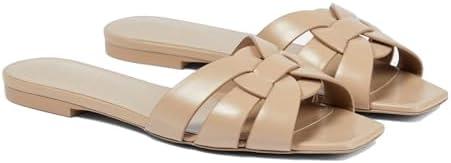THESHY Women's Flat Sandals Square Toe Patent Leather Comfortable Slip on Slippers Casual Summer Dressy Beach Slide Sandals for Women 38