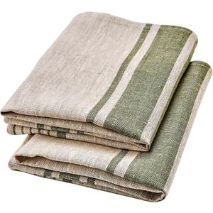 Pure Linen Kitchen Tea Towels - 100% Flax Linen Dish Towels 17 x 27 inch with Olive Green French Country Stripes - Flax Hand Towels - Set of 2