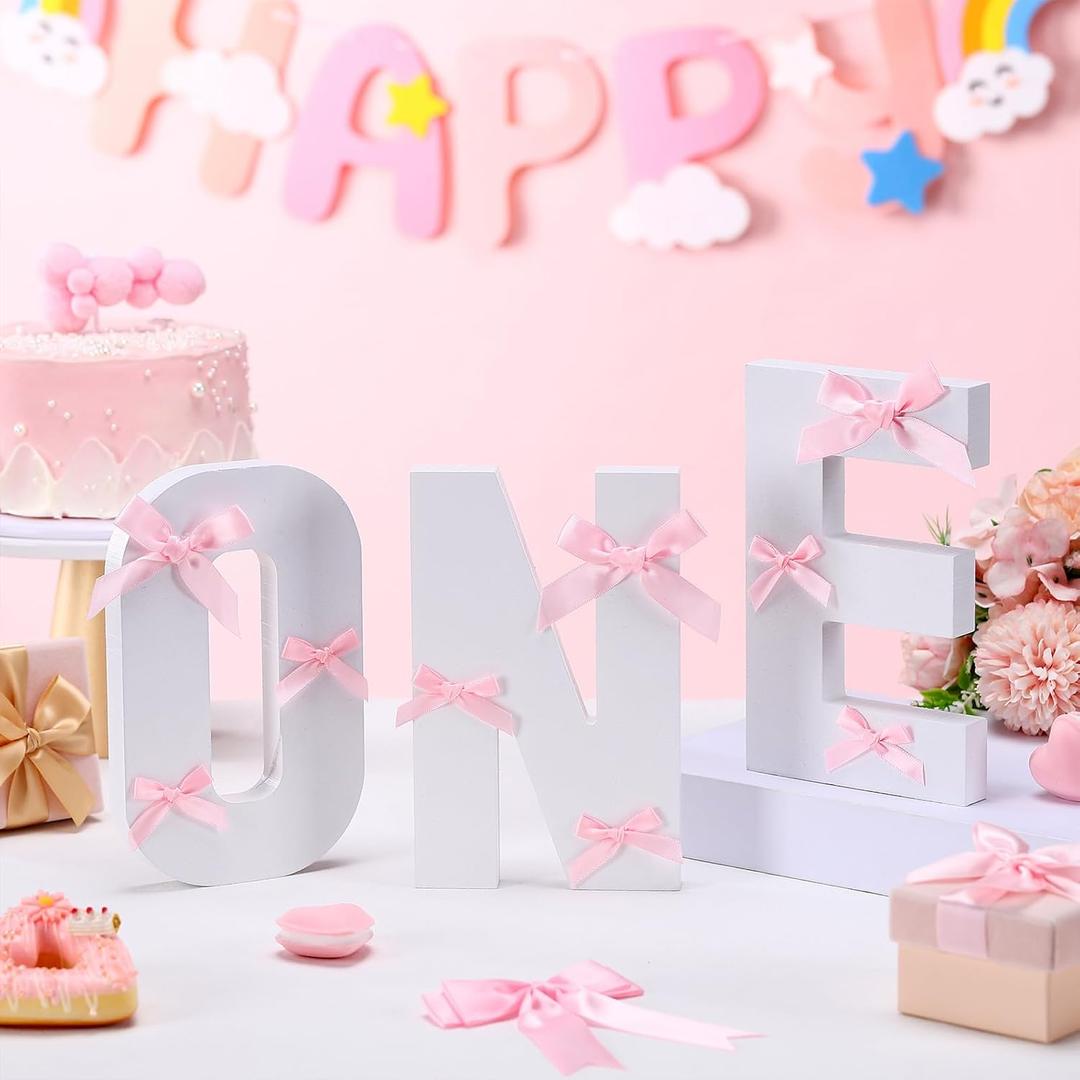 AceOrbit Bow Wooden One Sign for 1st Birthday Baby Shower Photo Prop First Birthday Decoration Photo Prop Cake Smash Props Table Centerpiece for Girls Baby Shower Party Decor(Pink)