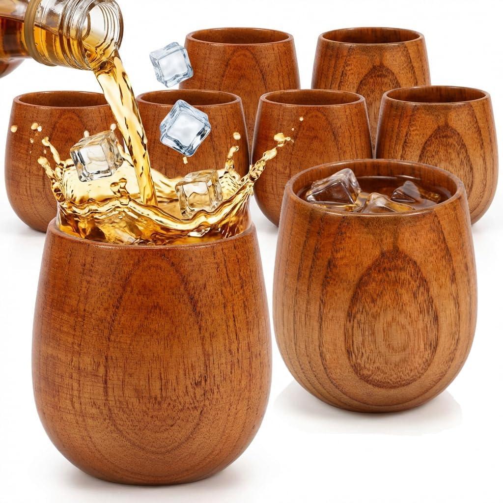 8 Pcs Wooden Whiskey Cups, 8.12 oz Wooden Tea Cups Bulk Wooden Whiskey Tumbler Handmade Natural Solid Wood Cup Set for Men, Dad, Husband, Groomsmen's Birthday Gift