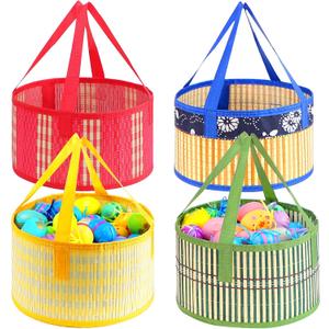 Foldable Easter Woven Bamboo Baskets Empty, 4 Pcs Easter Basket Bulk Set with Handle, Large Easter Baskets for Easter Egg Hunt Party Favor Picnic Supplies Gift Packing - Red Yellow Green Blue