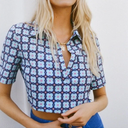 Zara Retro Geometric Floral Polo Collar Cropped Top Shirt M