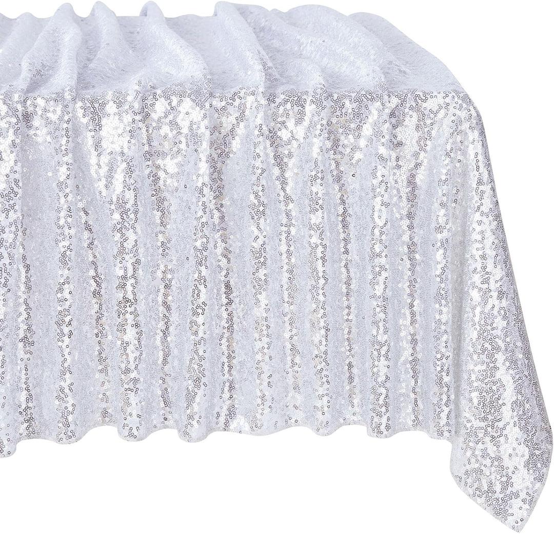 MoKoHouse Silver Tablecloth Rectangle 60" x 102" Glitter Table Cloth Sequin Fabric for Halloween Party Wedding Ceremony Cake Dessert Table Decorations