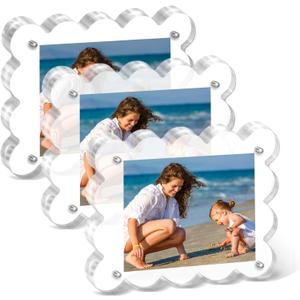 Acrylic Photo Frame 23inch - 3Pack Magnetic Picture Frames with 10+10mm Thick Block, Scalloped Edge Design, Double-Sided Magnet Frames for Modern Desktop Display (Clear, 2x3) (2.1x3.4)
