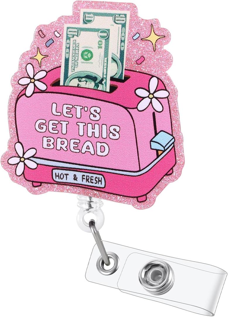3 x Let's Get This Bread Funny Pink Toaster Nurse Badge Reel, Cute Retractable ID Medical Badge Holder, Name Tag Badge Clip for RN LPN CNA MA Night Shift Nurse Nursing Student Doctor Medical Social Worker