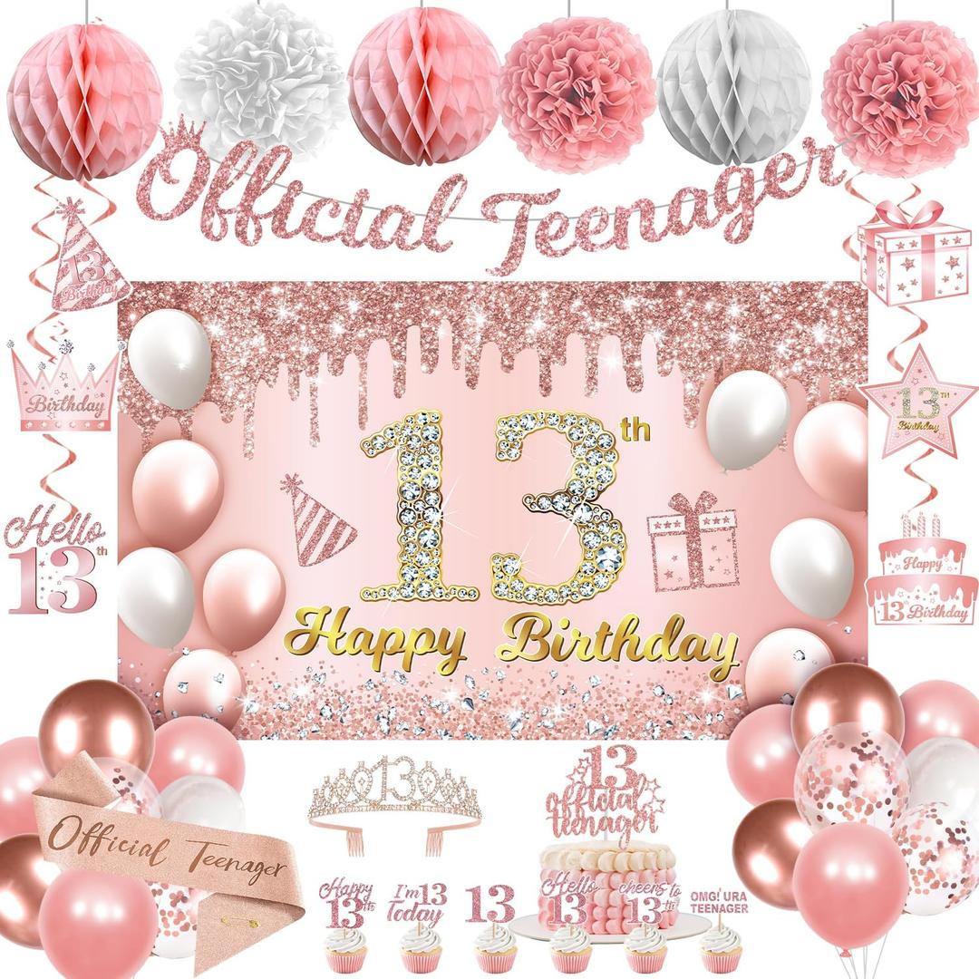13th Birthday Decorations for Girls, 13 Birthday Girl Decorations include Official Teenager Decorations Banner, Backdrop, Hanging Swirls, Balloons, Paper Pompoms, Crown And Sash, Pink 