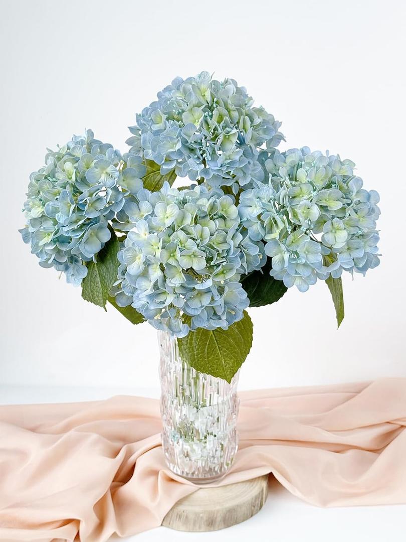 SUMTIPHUN 4 Pcs 20'' Real Touch Hydrangeas Light Blue Artificial Hydrangeas Flowers Faux Latex Hydrangea for Kitchen Living Room Porch Home Decor Baby Shower Party Wedding Table Centerpiece