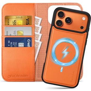 SHIELDON Detachable Case Wallet for iPhone 17 Pro Max 6.9" | Genuine Leather, Wireless Charging, RFID Blocking Credit Card Slot, Flip Magnetic Closure, Removable Shockproof Phone Cover 2025 - Orange