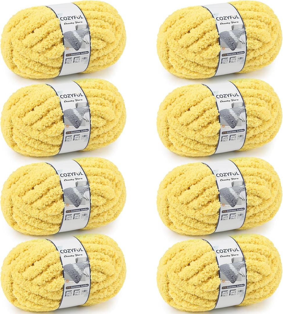 Chunky Yarn for Hand Knitting - #10 Chunky Chenille Yarn, Jumbo Big Thick Chunky Yarns for Crocheting, Super Bulky Chunky Knit Blanket Yarns, 8 Skein (25 yds 8 oz Each Skein), Yellow