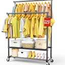 Double Rod Clothing Rack Heavy Duty with Oxford and Mesh Bottom Shelves, Garment Racks for Hanging Clothes, Portable Wardrobe Rack, Metal Clothes Rack Sturdy Coat Rack for Bedroom Laundry Living Room