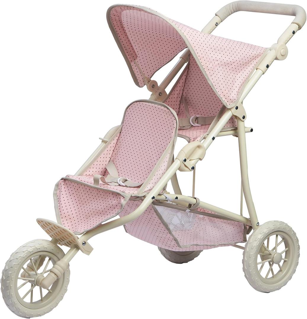 Olivia's Little World Double Jogging-Style Doll Stroller for Baby Dolls with Tandem Seating, Retractable Canopy, Storage Basket, All-Terrain Wheels, Cream, Pink and Gray Polka Dots