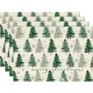 Artoid Mode Xmas Trees Snowflake Merry Christmas Placemats for Dining Table, 12 x 18 Inch Seasonal Winter Washable Table Mats Set of 4 (Green/Beige)