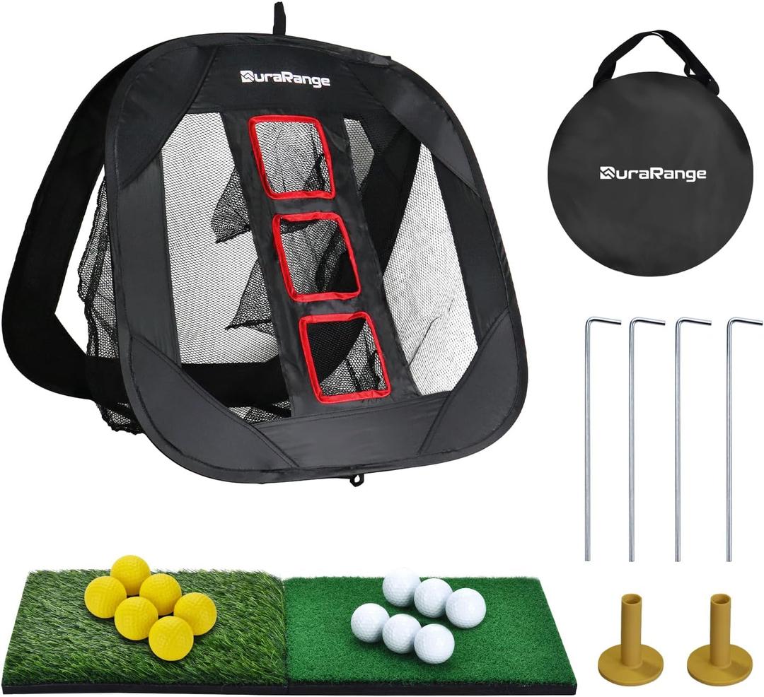Pop-Up Golf Chipping Net - Ultimate Target Training Chip Aids for Precision & Distance, Outdoor | Indoor Practice, Golfer Gift (1 Black Net+ 2 Mats+ 12 Balls + 6 Greeting Cards)