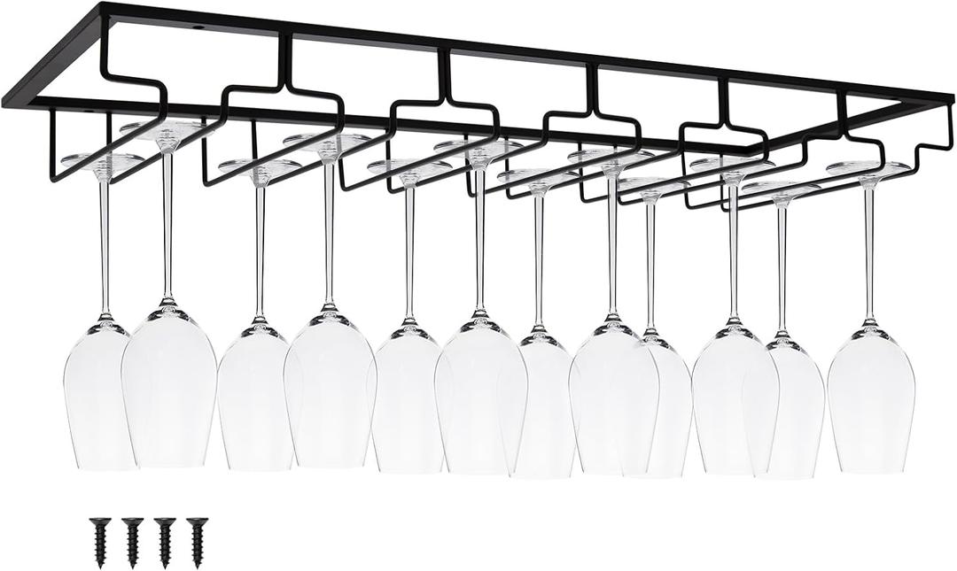 6-Row Wine Glass Holder Under Cabinet, Heavy Duty Metal Hanger | 23.6" Matte Black Stemware Rack for 1218 Glasses, Space Saving Fits Most Wine Glass Styles for Kitchens, Bars and Counters